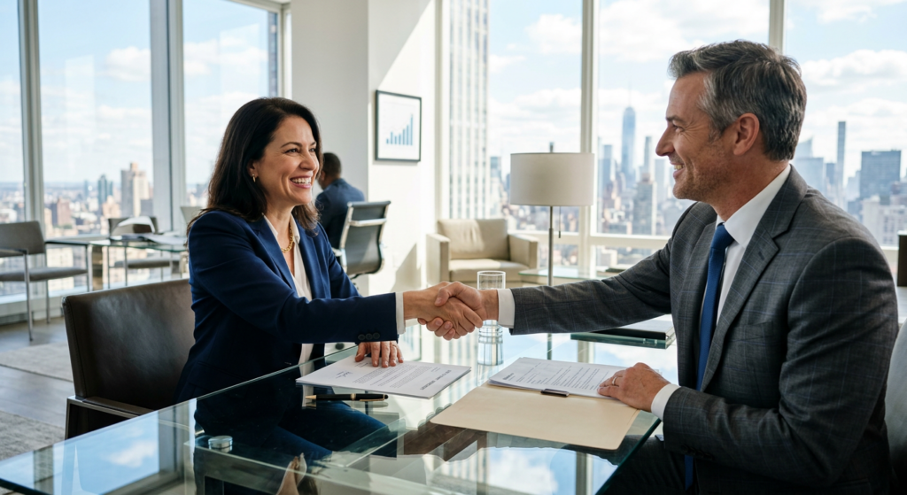 A professional, high-quality editorial shot of two business people shaking hands across a glass desk