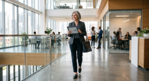 A professional, cinematic shot of a confident middle-aged professional holding a tablet and walking
