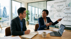 A professional, editorial-style conceptual photograph showing two business professionals engaged in