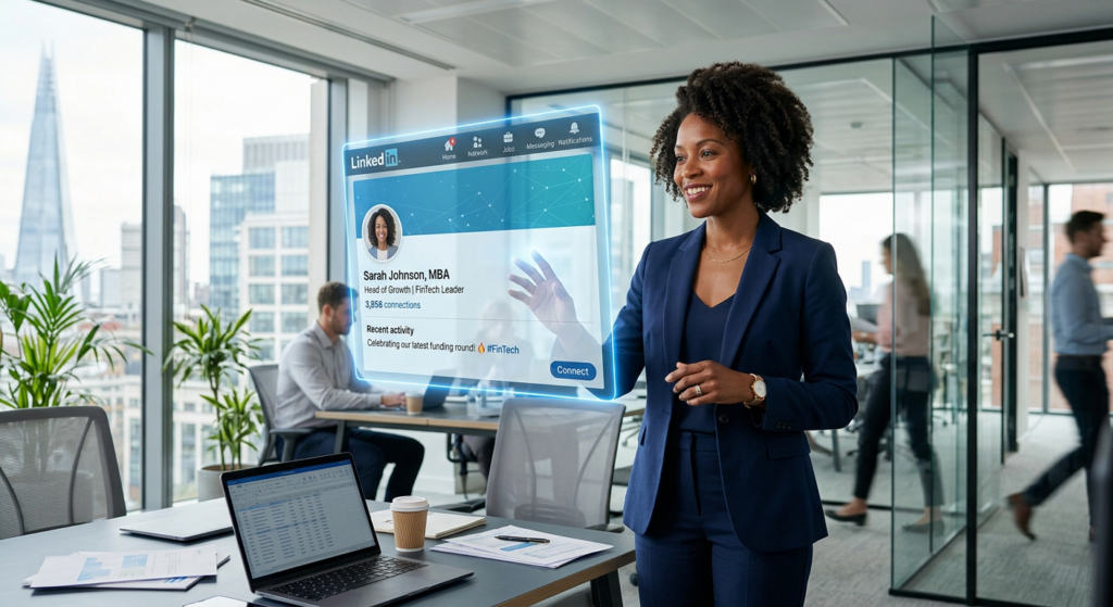 A professional, high-quality editorial shot of a confident business person standing in a modern, bri