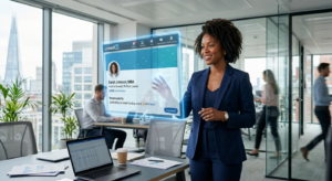 A professional, high-quality editorial shot of a confident business person standing in a modern, bri