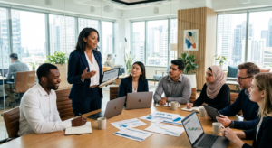 A professional business executive delegating tasks to a diverse team in a modern, sunlit office, cap