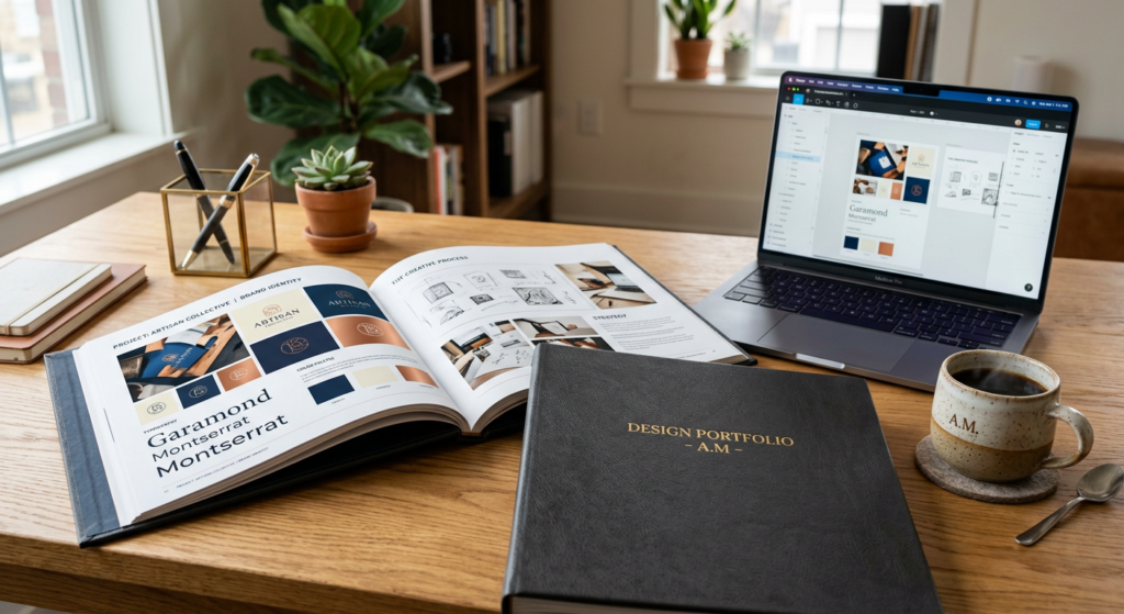 A clean, professional workspace featuring a high-end designer portfolio spread open on an oak desk n