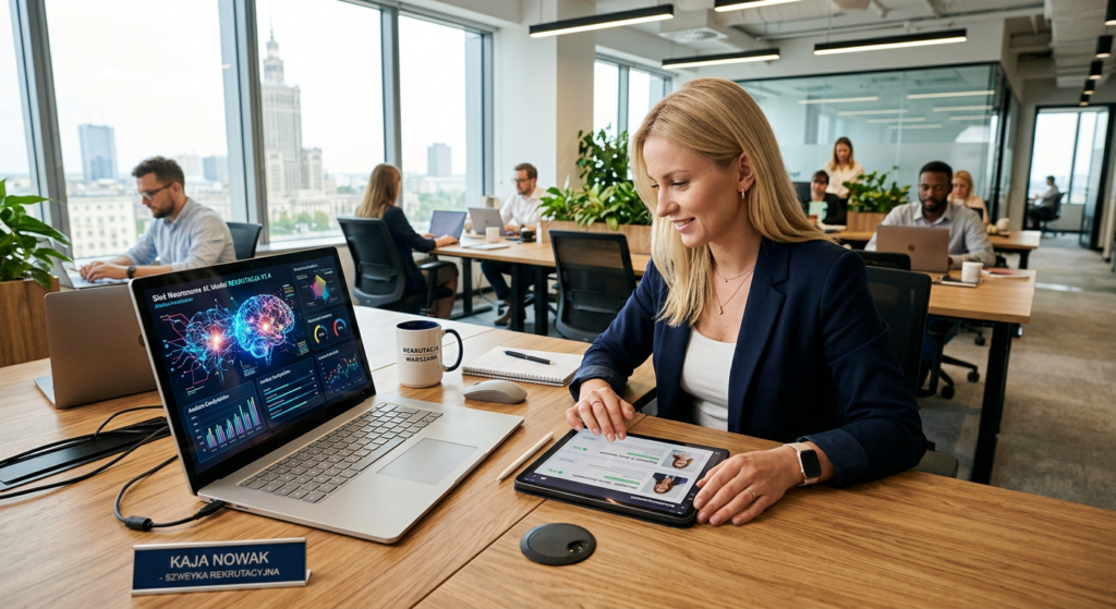 A professional, high-angle editorial shot of a modern, bright Polish corporate office workspace feat