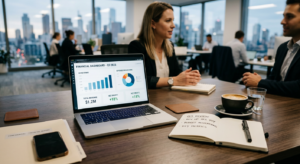 A professional, high-quality editorial photograph of a business meeting setup with a sleek laptop, a