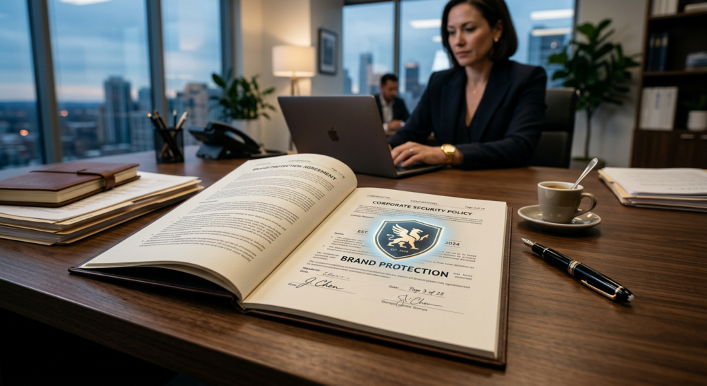 A professional, high-end editorial image featuring a modern office desk with a stylized glowing shie