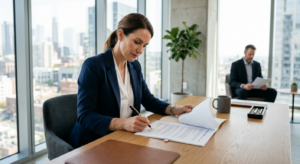 A professional, high-quality editorial photograph of a business person signing a legal contract at a