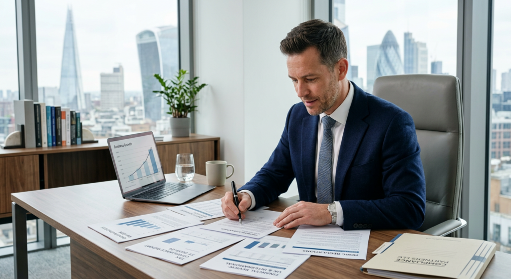 A professional, high-quality editorial photograph of a modern businessman reviewing financial docume