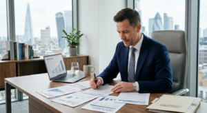 A professional, high-quality editorial photograph of a modern businessman reviewing financial docume