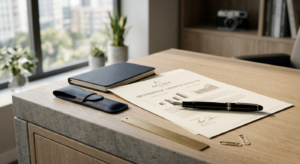 A professional, minimalist editorial composition featuring high-end office stationery, a sleek fount