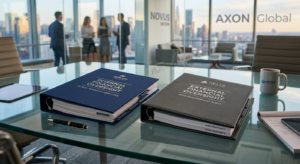 A professional, high-end editorial shot of two contrasting office folders on a modern glass desk, sy