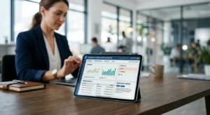 A modern, high-quality business office setting featuring a professional focus on a clean digital tab