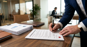 A professional, high-angle close-up of a businessman signing a document on a sleek office desk, acco