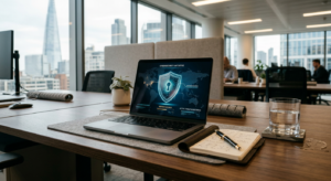 A professional, high-end editorial shot of a sleek modern office desk featuring an open laptop displ