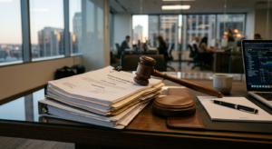 A professional, high-concept editorial shot featuring a stack of legal documents and a gavel on a mo