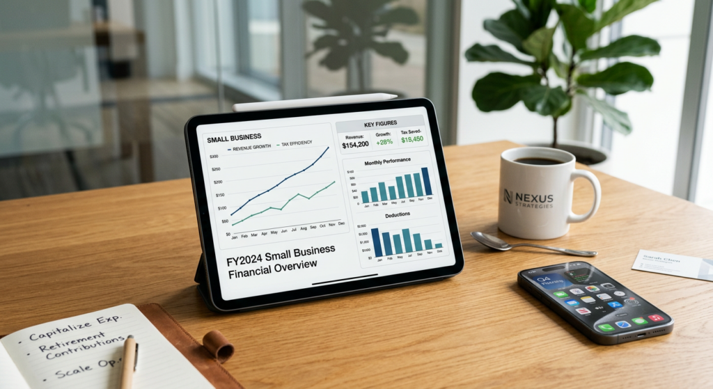 A professional, clean editorial shot of a sleek tablet displaying financial charts placed on a moder