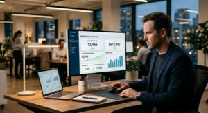 A professional, cinematic shot of a clean, modern workspace featuring a glowing digital dashboard re