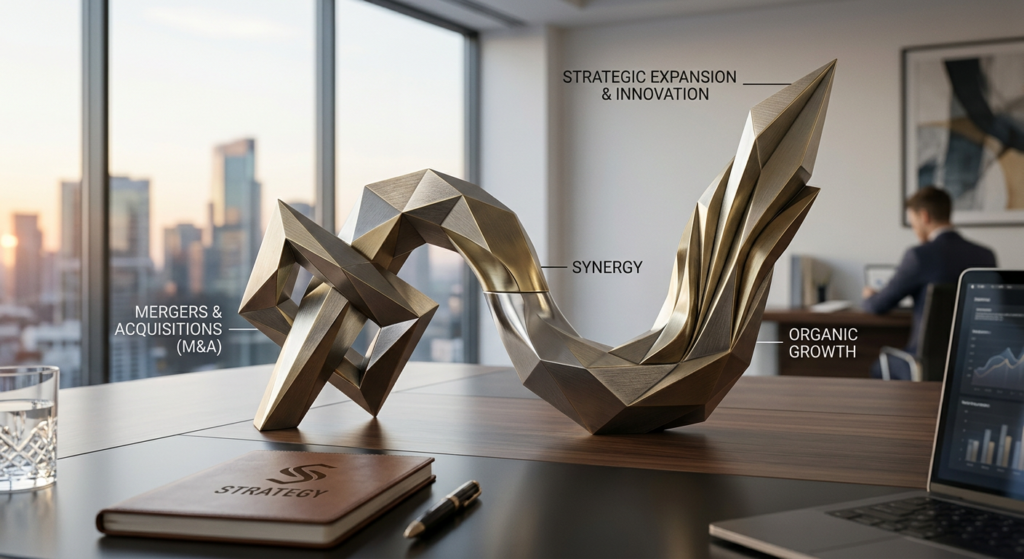 A professional, high-end editorial image featuring two abstract geometric shapes merging into one on