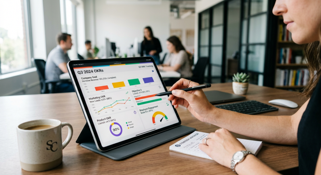 A professional, high-quality editorial photograph of a modern office workspace featuring a digital t