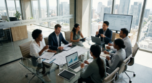 A professional, high-angle cinematic shot of a diverse business team collaborating around a modern,