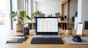A professional and clean workspace featuring a sleek laptop displaying agile project management boar