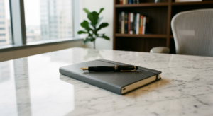 A minimalist, professional workspace featuring an elegant fountain pen resting on a sleek notebook,