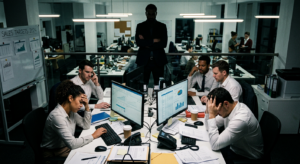 A professional, high-angle editorial shot of a stressed sales team looking overwhelmed by a shadowy,