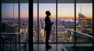 A professional, high-end editorial photograph of a confident executive silhouette standing in a mode