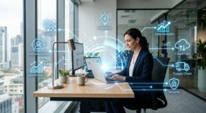 A professional, high-end editorial image featuring a modern, minimalist workspace with a glowing dig