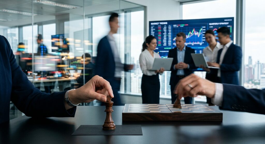 A professional, minimalist editorial composition featuring a high-stakes business environment with a