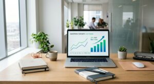 A professional, high-quality editorial image of a clean, modern office desk with a laptop displaying
