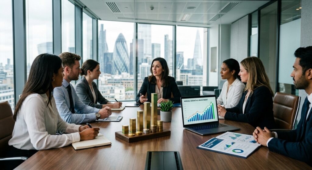 A professional, editorial-style photograph of a modern glass office boardroom with a blurry city sky