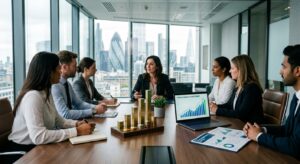 A professional, editorial-style photograph of a modern glass office boardroom with a blurry city sky