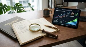 A professional, high-angle shot showcasing a sleek, minimalist wooden desk with a polished magnifyin
