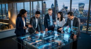 A professional, high-angle editorial photograph of diverse modern business leaders collaborating aro