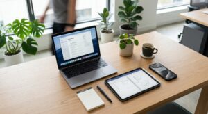 A professional, high-angle editorial shot of a clean, modern workspace featuring a sleek laptop, a d