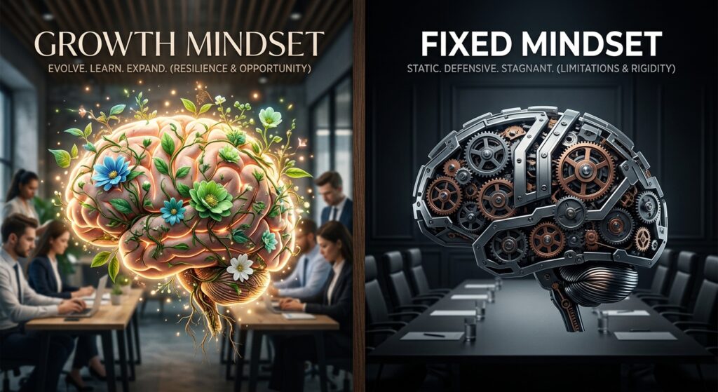 A professional, high-end editorial split-screen composition comparing a brain intertwined with bloom