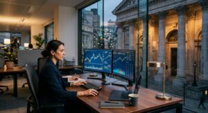 A professional, high-end editorial shot of a sleek, modern financial workspace blending glowing digi