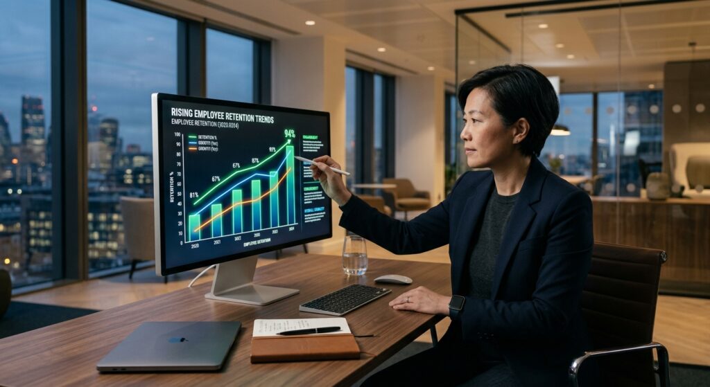 A professional, minimalist editorial photograph of a business leader analyzing a glowing data-driven
